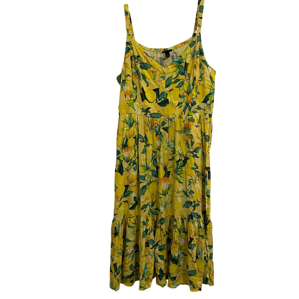 Fruitcore Torrid Midi Dress Womens 3 Yellow Lemon Print Tiered Ruffle Summer - Picture 2 of 7